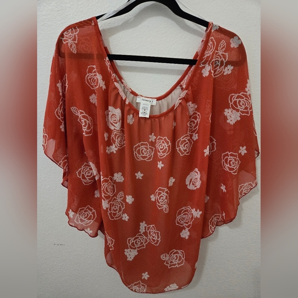 January 7 Sheer Boho Top Orange Beige & White Florals Batwing Sleeves Size Large - Picture 4 of 6